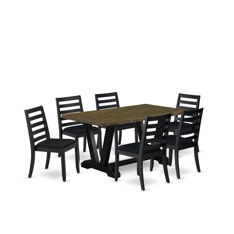 L'ensemble de table de cuisine 7 pièces se compose d'une table de cuisine rectangulaire et de 6 chaises empilables en tissu de polyester noir, finition noire brossée