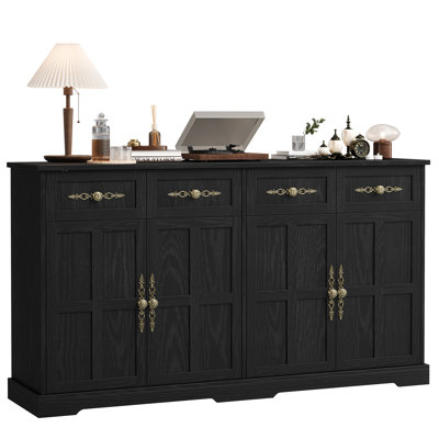 Modern 63" Black Buffet Sideboard – 4 Doors & 4 Drawers – Gold Handles – Freestanding Storage Cabinet for Dining Room, Kitchen, Entryway – Farmhouse Style Console Table – Black