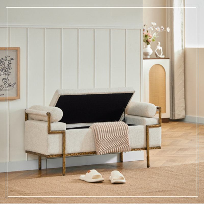 Banc de rangement capitonné à couvercle rabattable avec pattes en métal, Beige