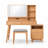 Natural Wood Makeup Vanity Set with Mirror, 4 Drawers, Open Shelves and Gray Upholstered Stool