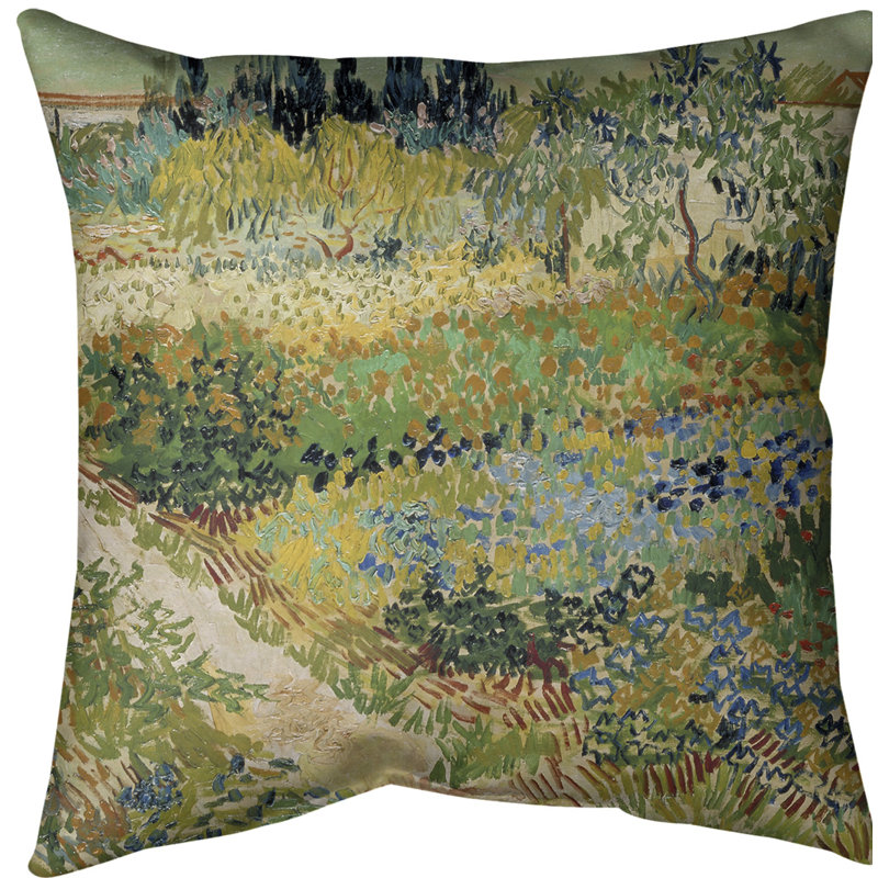 Coussin Euro Â« Jardin fleuri avec sentier Â», Rouge / bleu / brun, Faux lin
