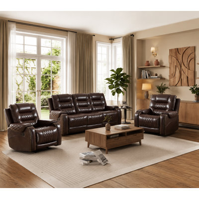 3 - Piece Modern Faux Leather Manual Reclining Living Room Set With Hidden Console