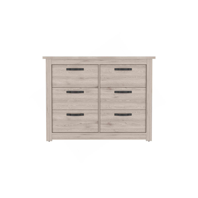 Commode double 6 tiroirs Becca, quatre pieds, quincaillerie en métal - gris clair