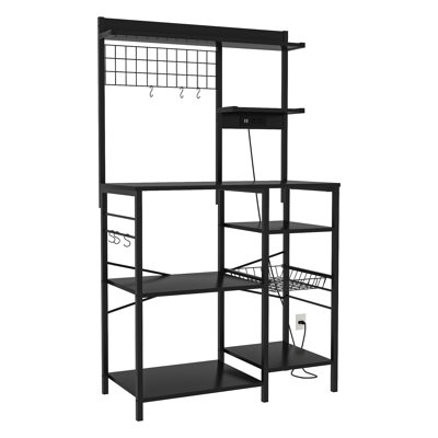 Black Kitchen Bakers Rack With Power Outlet 6 Tier Microwave Stand Storage Shelf Coffee Bar Station 8 S Hooks