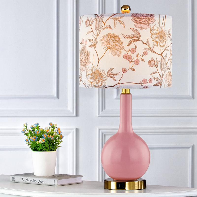 Gawronski 24" Pink Ceramic Table Lamp with Floral Shade and Dual USB Ports