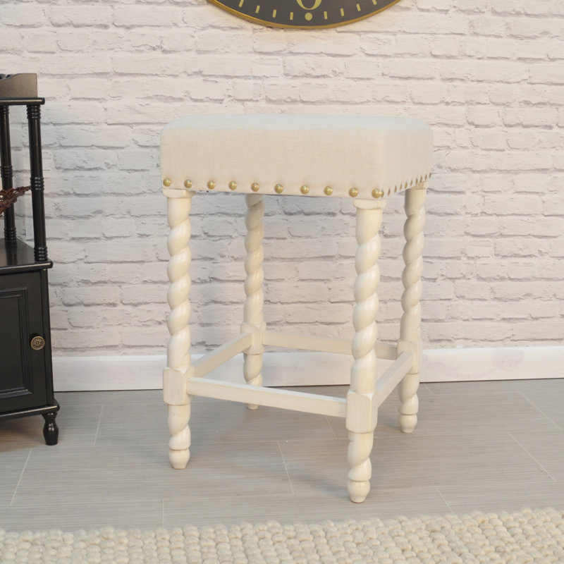 Élégant tabouret de comptoir crème de 24 pouces avec pieds torsadés orge, Blanc vintage