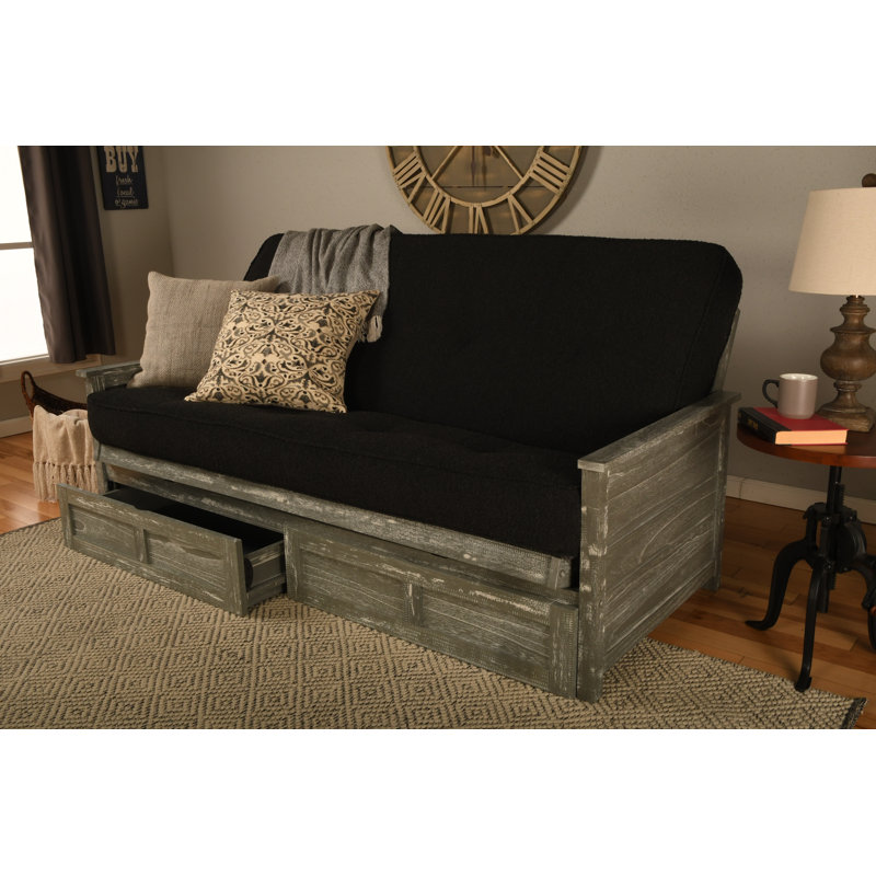 Futon double avec matelas avec rangement Emmiliano, Gris patiné, Canton Black 100% Polyester