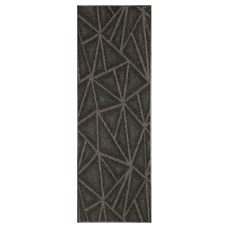 Tapis noir à motif géométrique Dickman, Tapis de couloir 4 pi x 12 pi