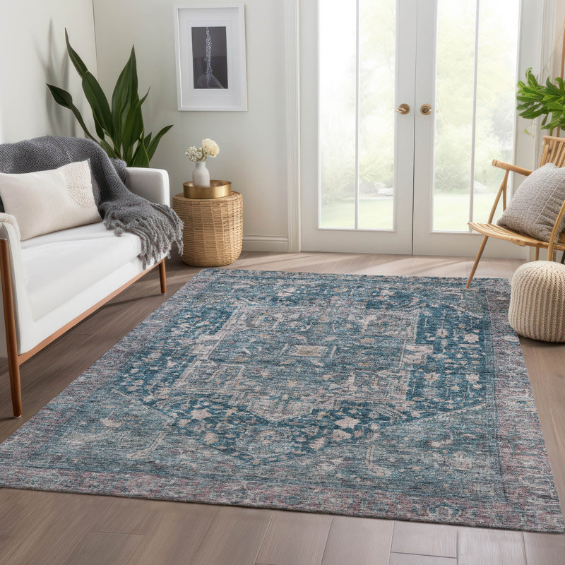 Machine Washable Indoor/Outdoor Claudian ACN1240 Blue 9' x 12' Rug, Rectangulaire 8 pi x 10 pi