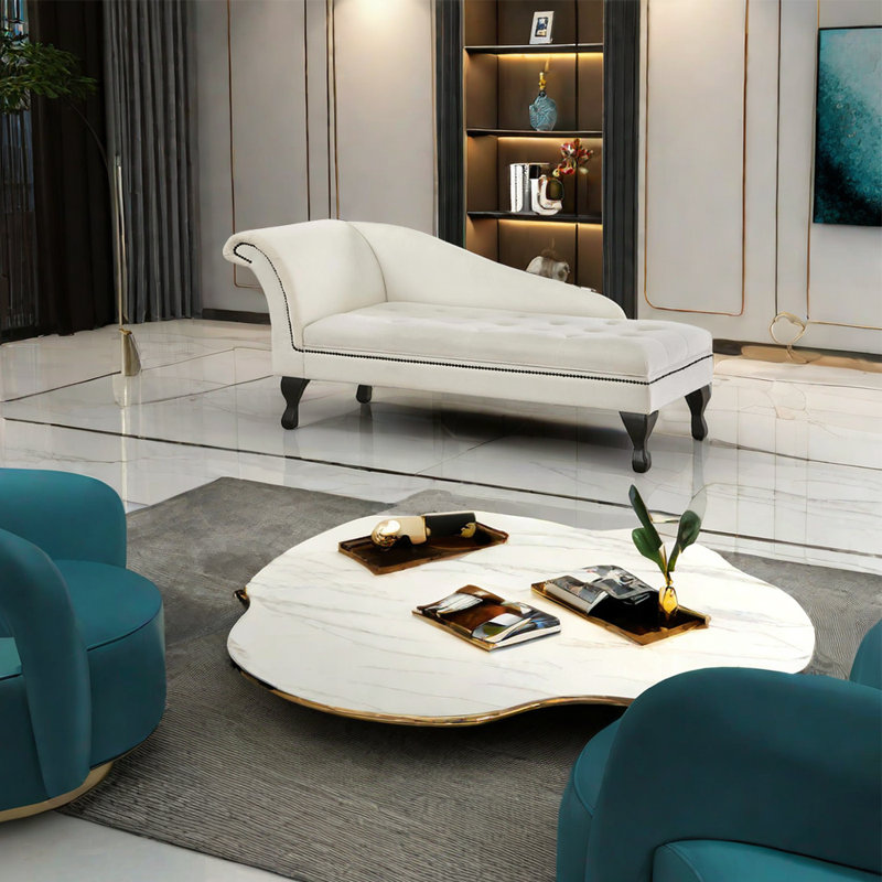 Chaise longue inclinable en velours, Beige, Noir, Accoudoir à gauche (vu de face)