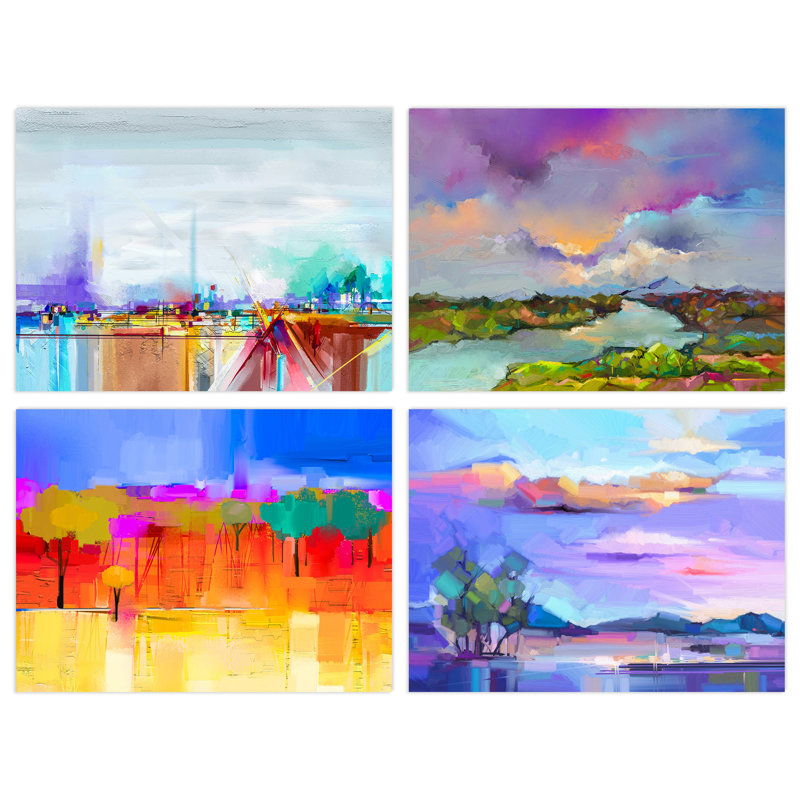 Bright Multicoloured Coastal Landscape Abstract - 4 Piece No Frame Print Set, 40.5cm H x 30.5cm W x 0.3cm D