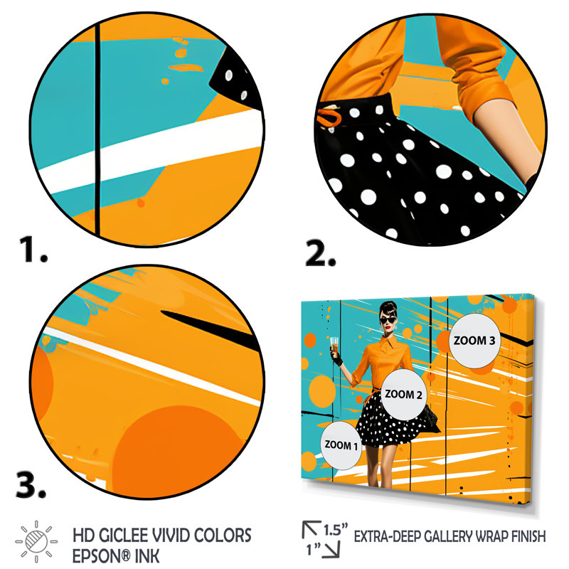 «Orange Midcentry Woman Insta Pose», art mural ballet, H 12 po x l 20 po x P 1 po, Cadre flottant noir