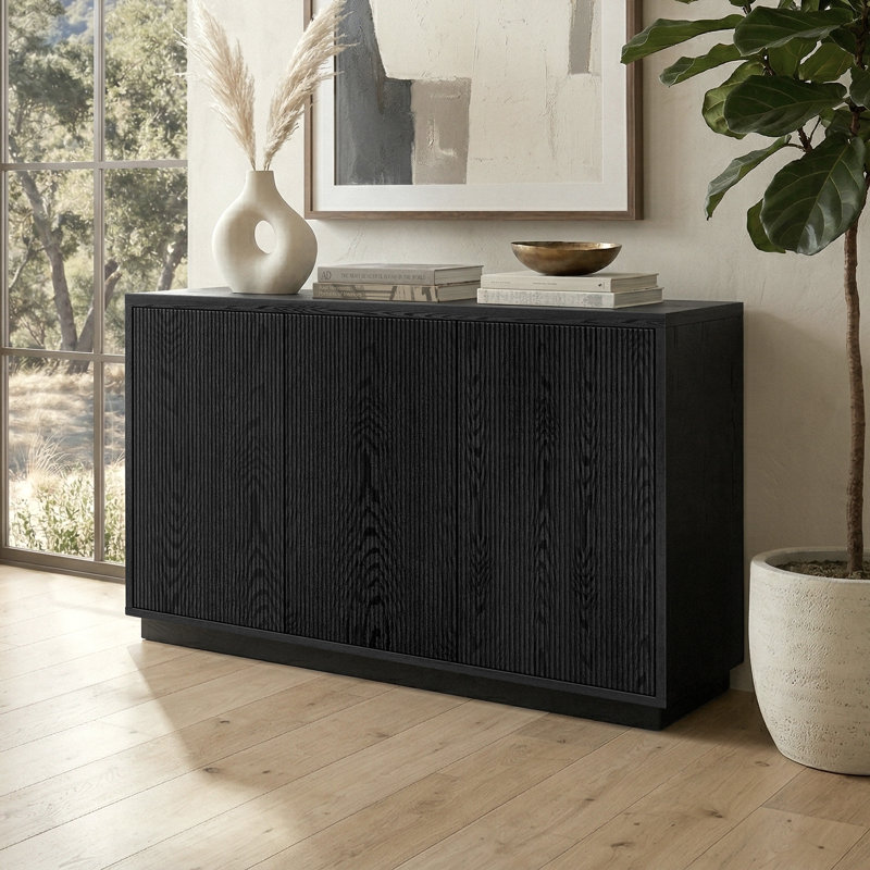 48" Fluted Buffet Table with Adjustable Shelves & Cable Management — Black Grain Transitional Sideboard for Dining Room | Alston