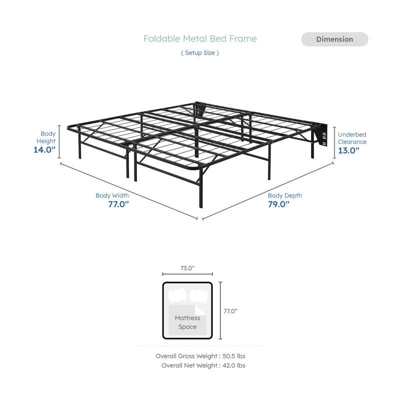 Cadre de lit plateforme très grand et moderne en métal Symira avec conception pliable pratique et rangement sous le lit de 14 pouces de hauteur