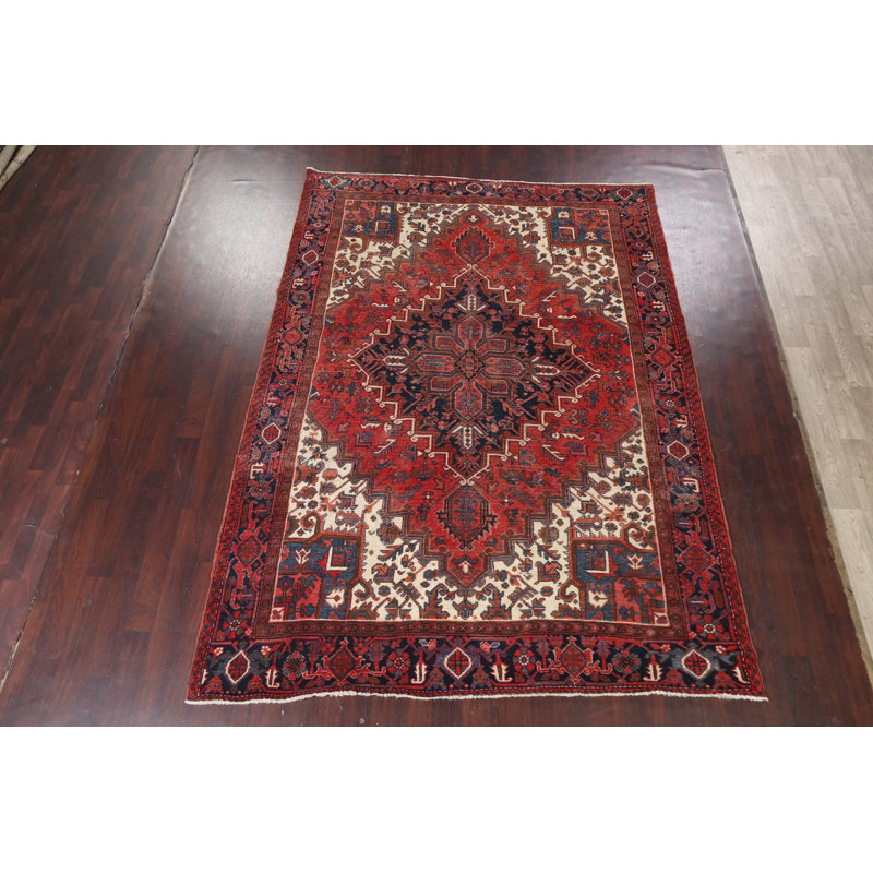 Tapis rouge en laine noué à la main de conception unique 7 pi 10 po x 10 pi 9 po Omprakesh