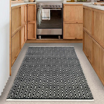 Tapis gris-beige en coton tissé à plat à la main à motif géométrique Siggers