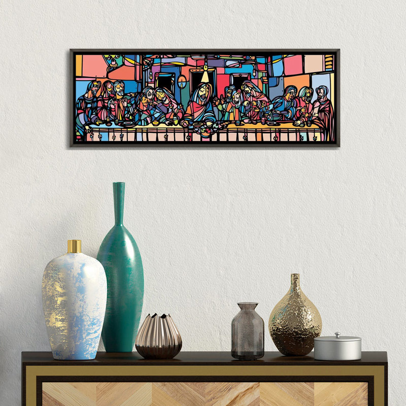 La Cène par Ninhol - impression panoramique, H 12 po x l 36 po x 1,5 po, Cadre rustique foncé