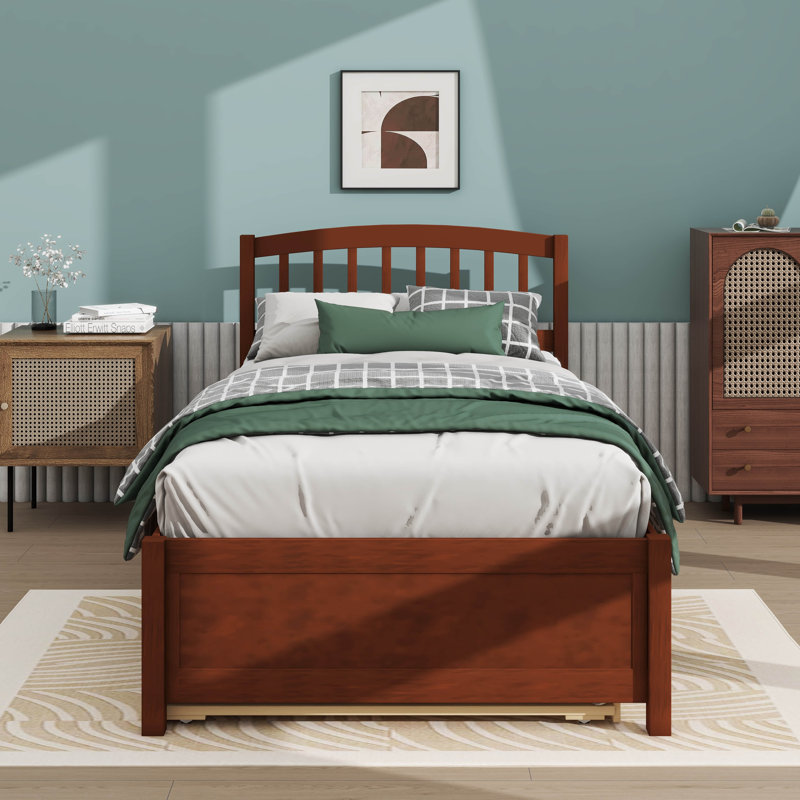 Structure de lit plateforme simple en bois avec lit gigogne, Noyer