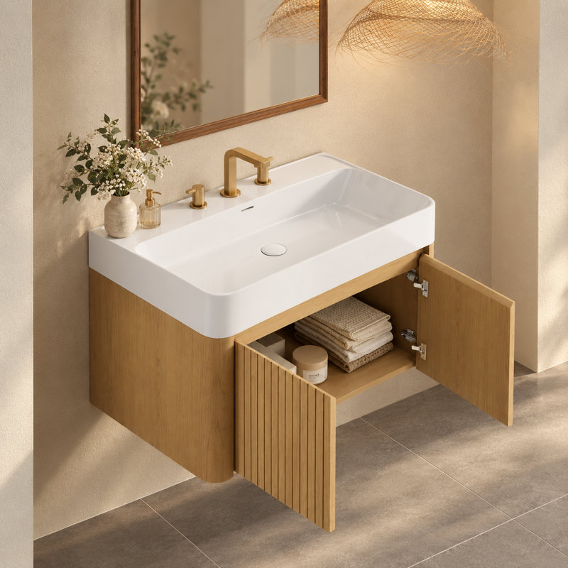 Meuble-lavabo mural avec lavabo en céramique intégré, armoire de rangement suspendue avec 3 trous prépercés pour robinetterie, chêne
