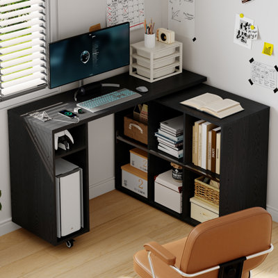 67" Black L-shaped Desk With Charging Station & 360° Rotating Top, Multi-functional Computer Desk For Office, Bedroom & Living Room