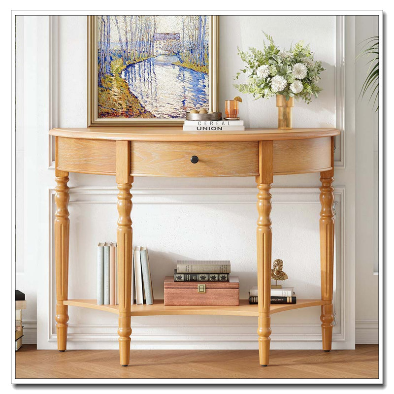Console demi-lune avec tiroir et tablette, Naturel