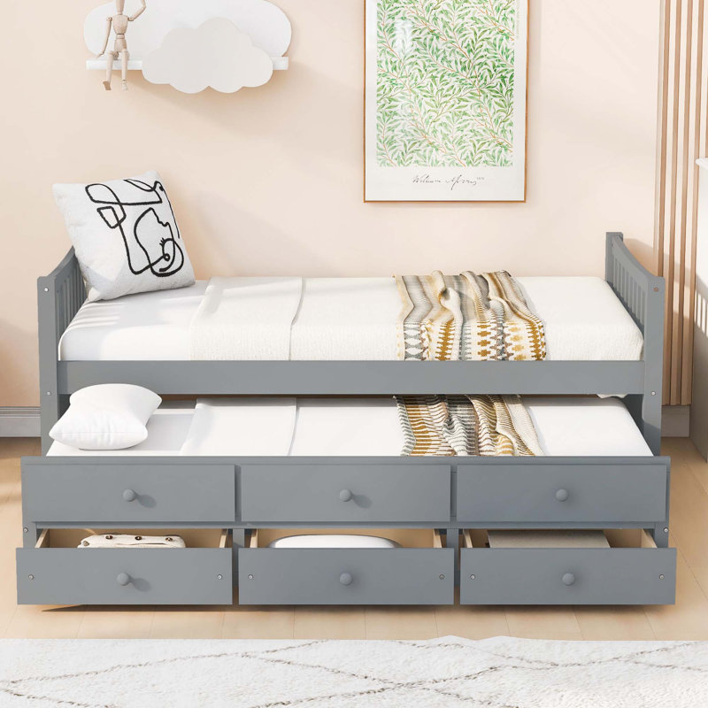 Lit de jour peu encombrant en bois avec couchette et tiroirs, Gris