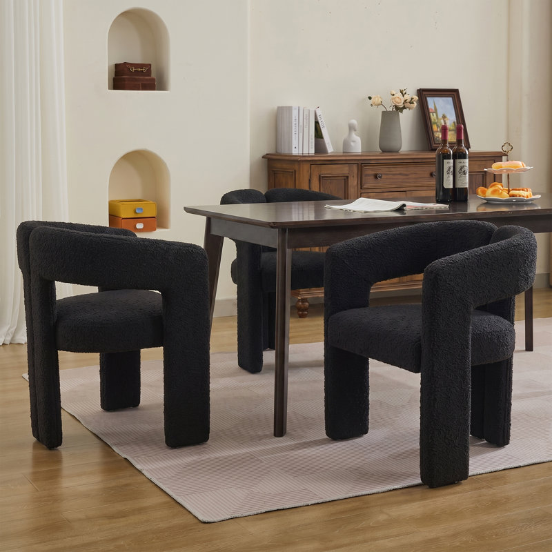 Modern Upholstered Dining Arm Chair, Solid Wood Frame, Lambswool Black