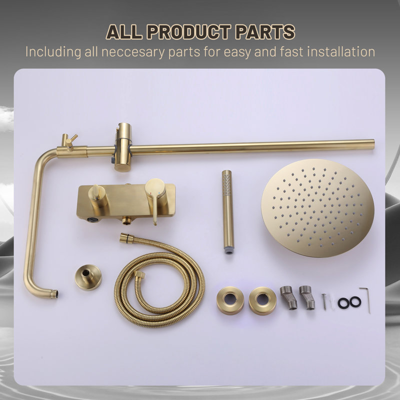 Système de douche 10 "à tuyau exposé avec bec de baignoire, ensemble de douche en laiton massif avec valve brute, Or brossé