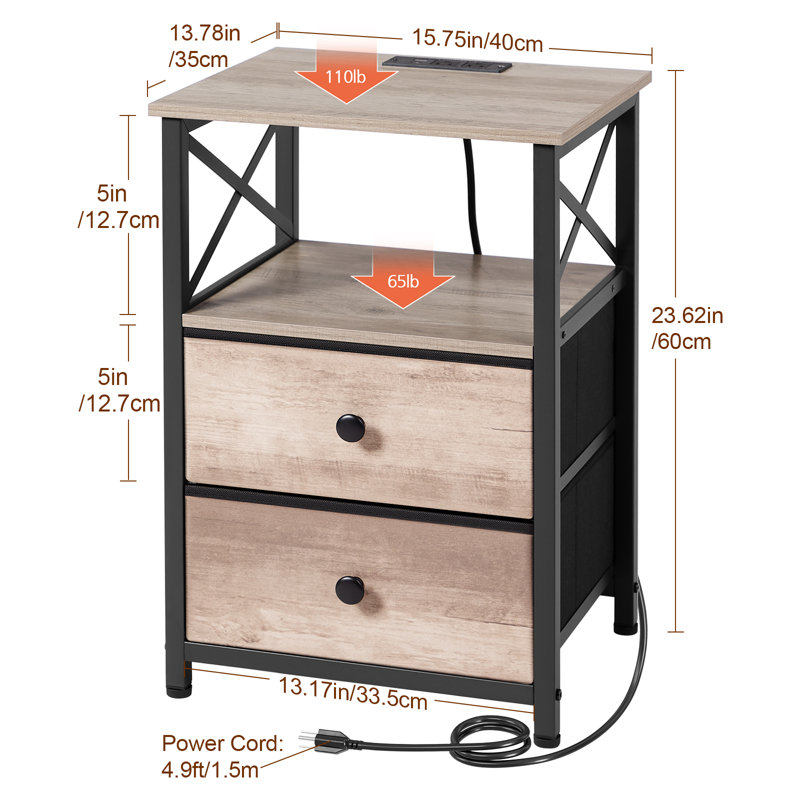 Table de chevet 23,62 po avec station de chargement, lumière DEL et 2 tiroirs, 1