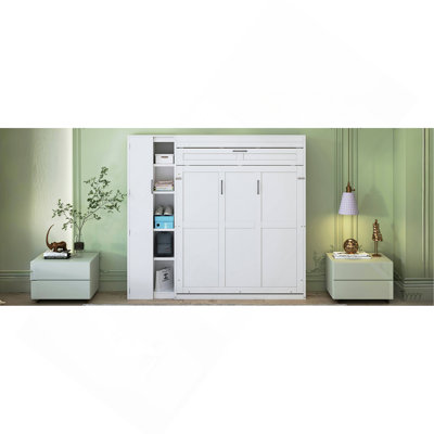 Lit escamotable double pleine grandeur avec tablettes, garde-robe et lumières DEL, blanc