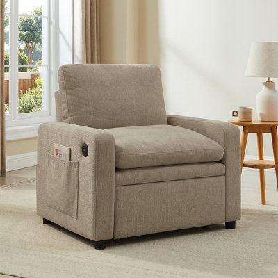 37.99” 3-in-1 Accent Chair Converts To Lounge Chaise Or Single Sofa Bed – USB & Type-C & Storage Pocket For Small Spaces