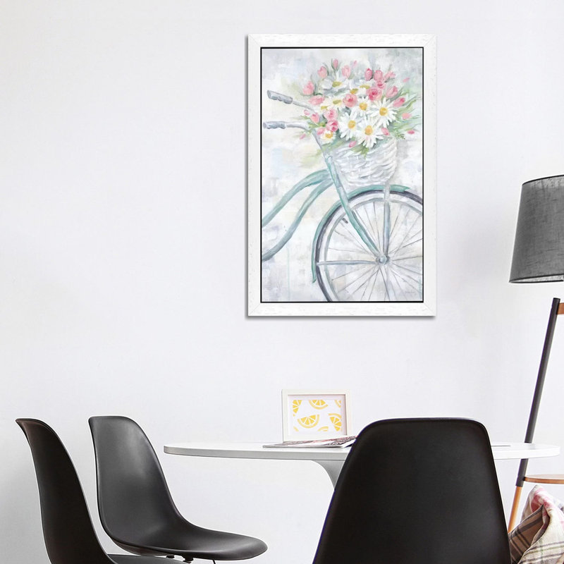 Bike With Flower Basket by Cynthia Coulter - Painting on Canvas, 66.04 cm H x 45.72 cm W, White Framed