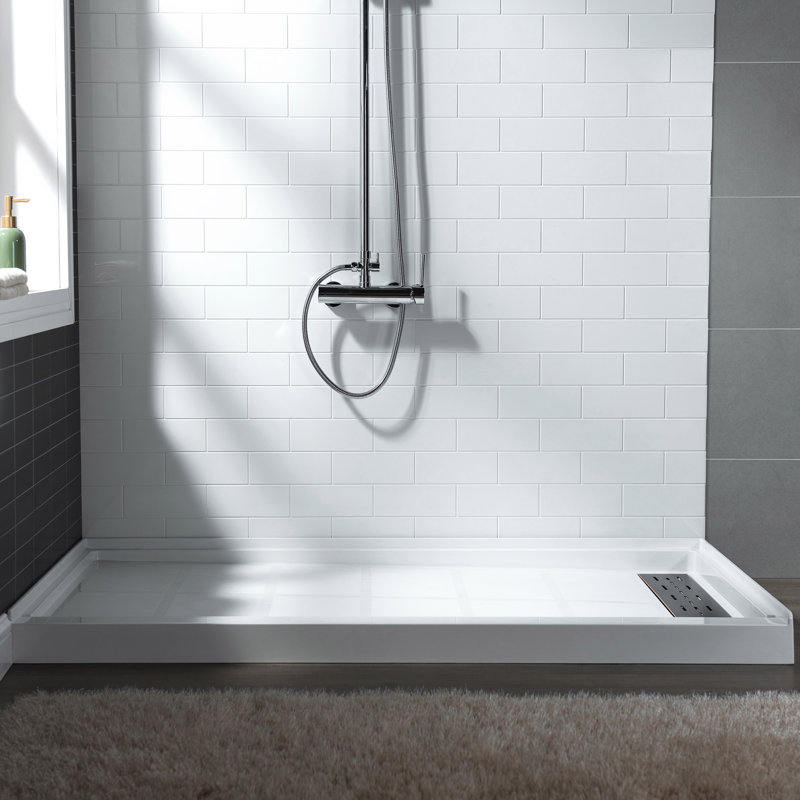60" x 36" Solid Surface Single Threshold Shower Pan Base with Drain Assembly & Drain Cover Included, Non-Slip, Right
