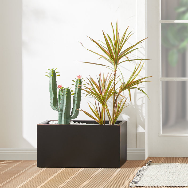 Tormund Metal Planter Box, 13" H x 25" W x 11" D, Black/Gold Edge