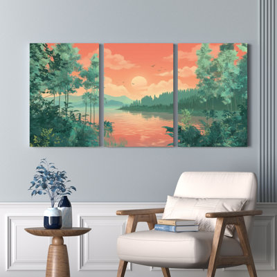 «Forest Lake Sunset Landscape», ensemble de 3 reproductions d'art sur toile tendues sur toile