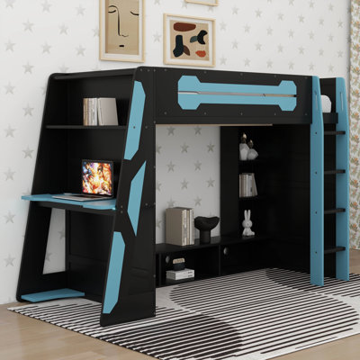 Twin Size Wood Loft Bed With Desk, Multi-Storage Shelves And RGB Light