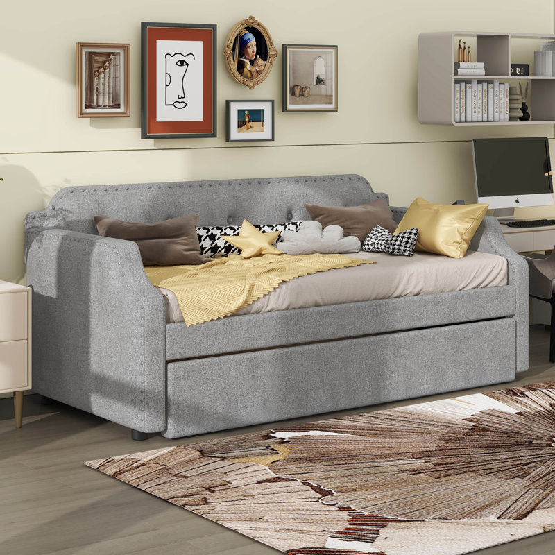 Upholstered Daybed With Trundle, Twin Size, Gray