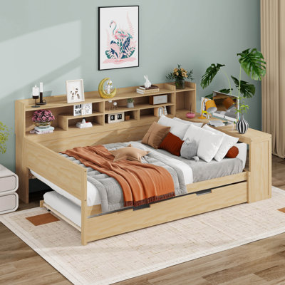 Daybed With Trundle, Side Bookcase And Desk, Pine Wood Captains Bed With Storage Shelves Headboard For Kids