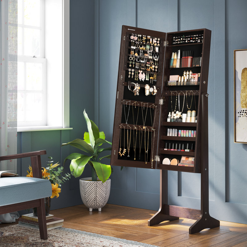 Armoire à bijoux autoportante avec miroir, Brun
