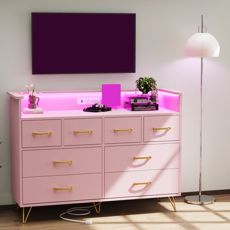 Grande commode pour chambre à coucher avec station de charge et lumières RVB - commode en bois à 8 tiroirs, organisation de placard à DEL contrôlée par l'application Music Sync - rose