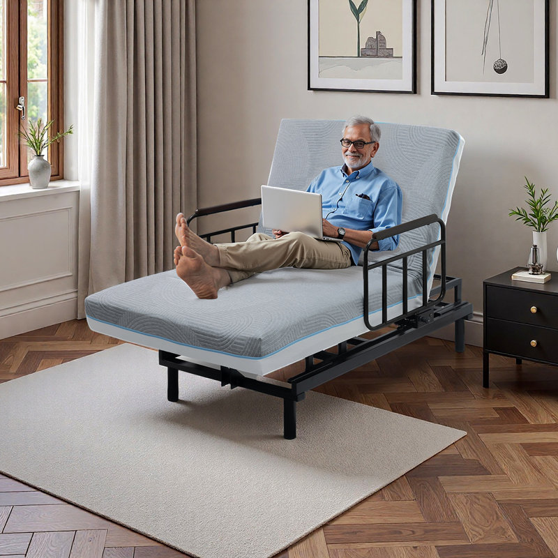 Lit électrique pour personnes âgées - télécommande câblée avec relevage de dossier à une touche et abaissement des jambes, rails antichute et plateau repas amovible, aide à la position assise / assise sécuritaire