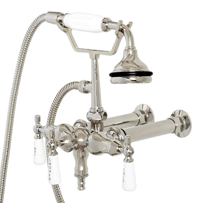 3 Handle Wall Clawfoot Tub Faucet with Diverter, Polished Nickel