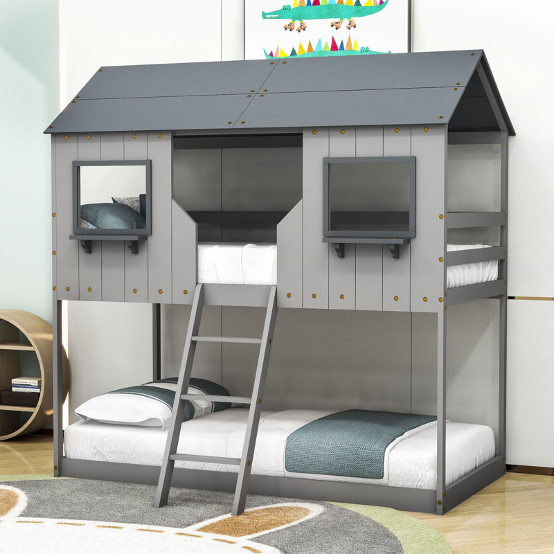 Kids Twin Over Twin Bunk Bed with Guardrails, Gray