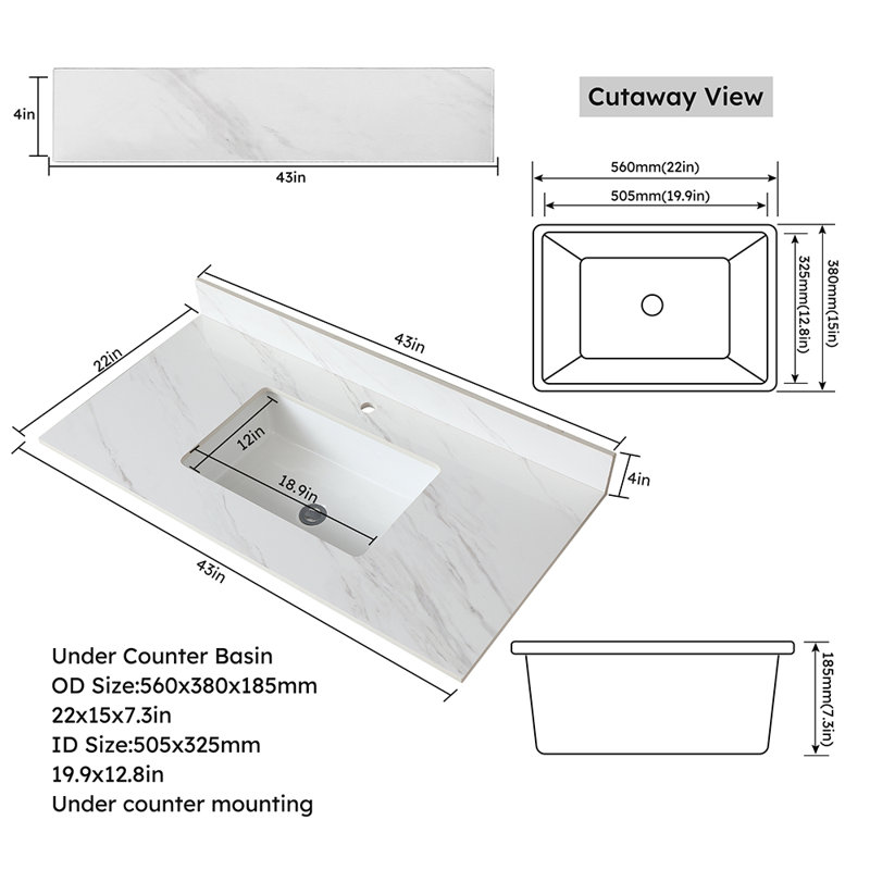43'' Marble Vanity Top, Single