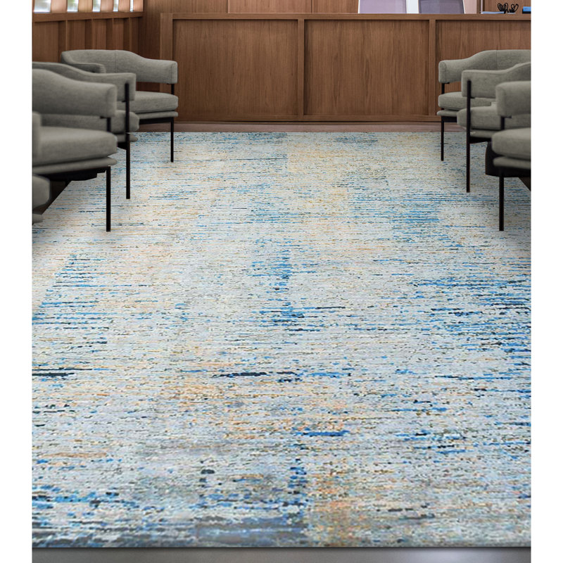 Tapis gris / bleu / beige noué à la main de haute qualité, Rectangle 8 pi x 10 pi