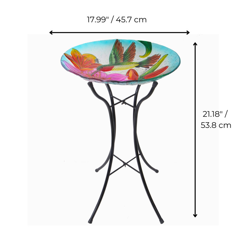 Liviana Outdoor Glass Bird Bath with Handpainted Hummingbird and Flower Design, Foldable Metal Stand, Bath or Feeder Use, 18-Inch