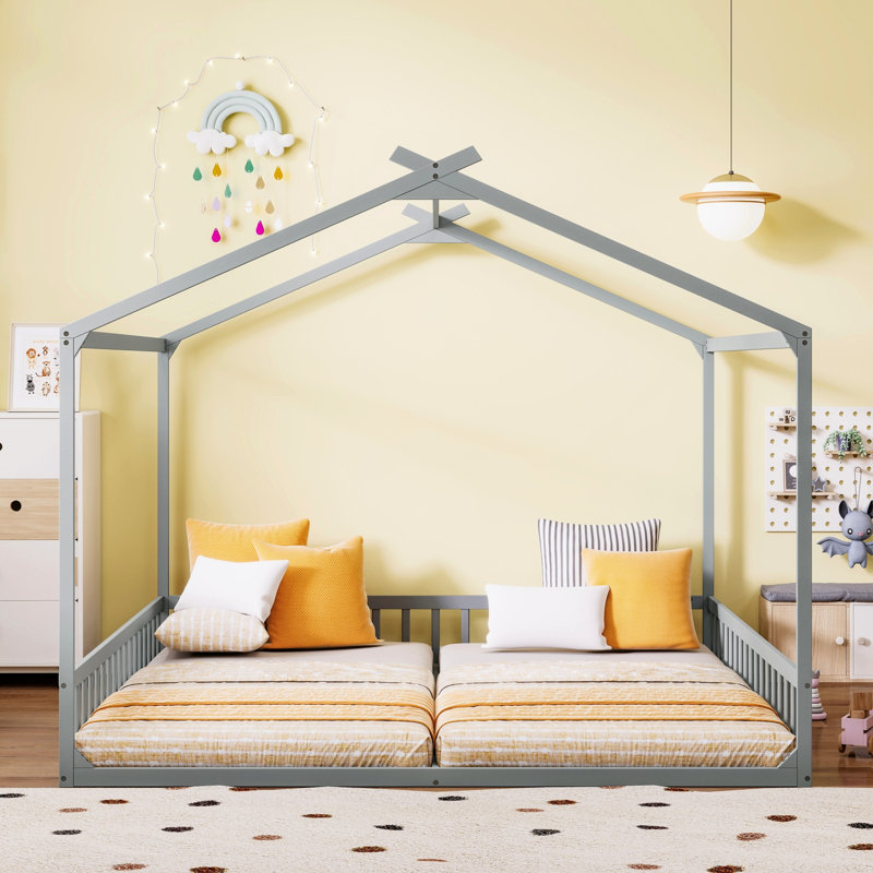 Lits jumeaux au sol, cadre en pin, chambre d'enfants moderne partagée, Gris