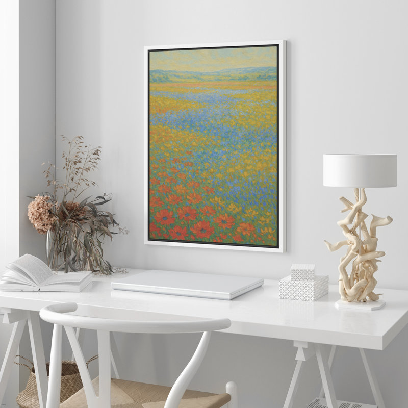 Art sur toile encadré de fleurs sauvages dorées avec fleurs rouges - paysage floral impressionniste pour la salle à manger ou l'entrée - décoration de jardin