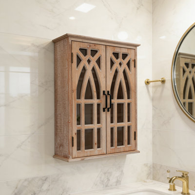Vintage Oliva mural avec portes découpées décoratives, rangement suspendu en bois rustique pour salle de bain et salon