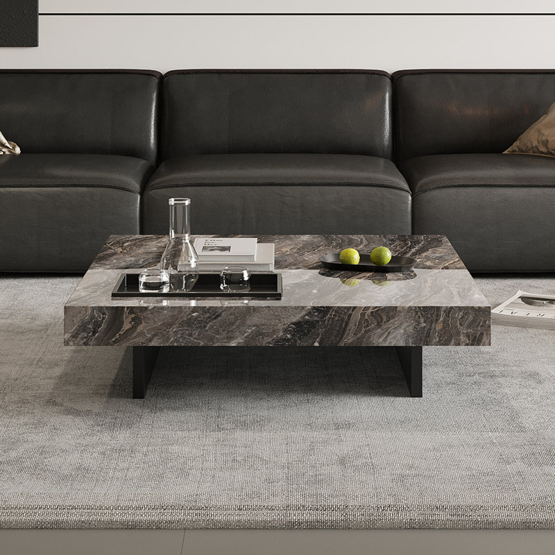 42“ Square Coffee Table with Glossy Sintered Stone Table-top, Modern Coffee table with Stainless steel legs for Living Room
